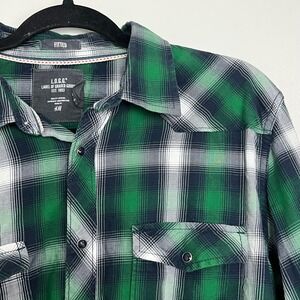 H&M LOGG Mens Plaid Long Sleeve Button Down Shirt Green Navy White Fitted L‎